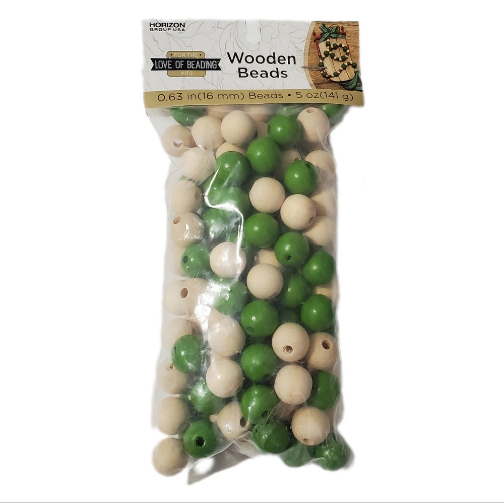 For The Love Of Beading Kits Green and Cream Wooden Beads Size 16mm